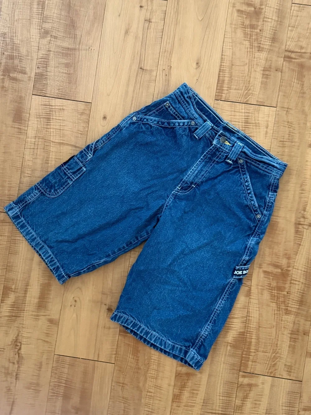 Vintage Joe Boxer Blue Denim Beach Casual Cargo Shorts with Embossed Logo Patch
